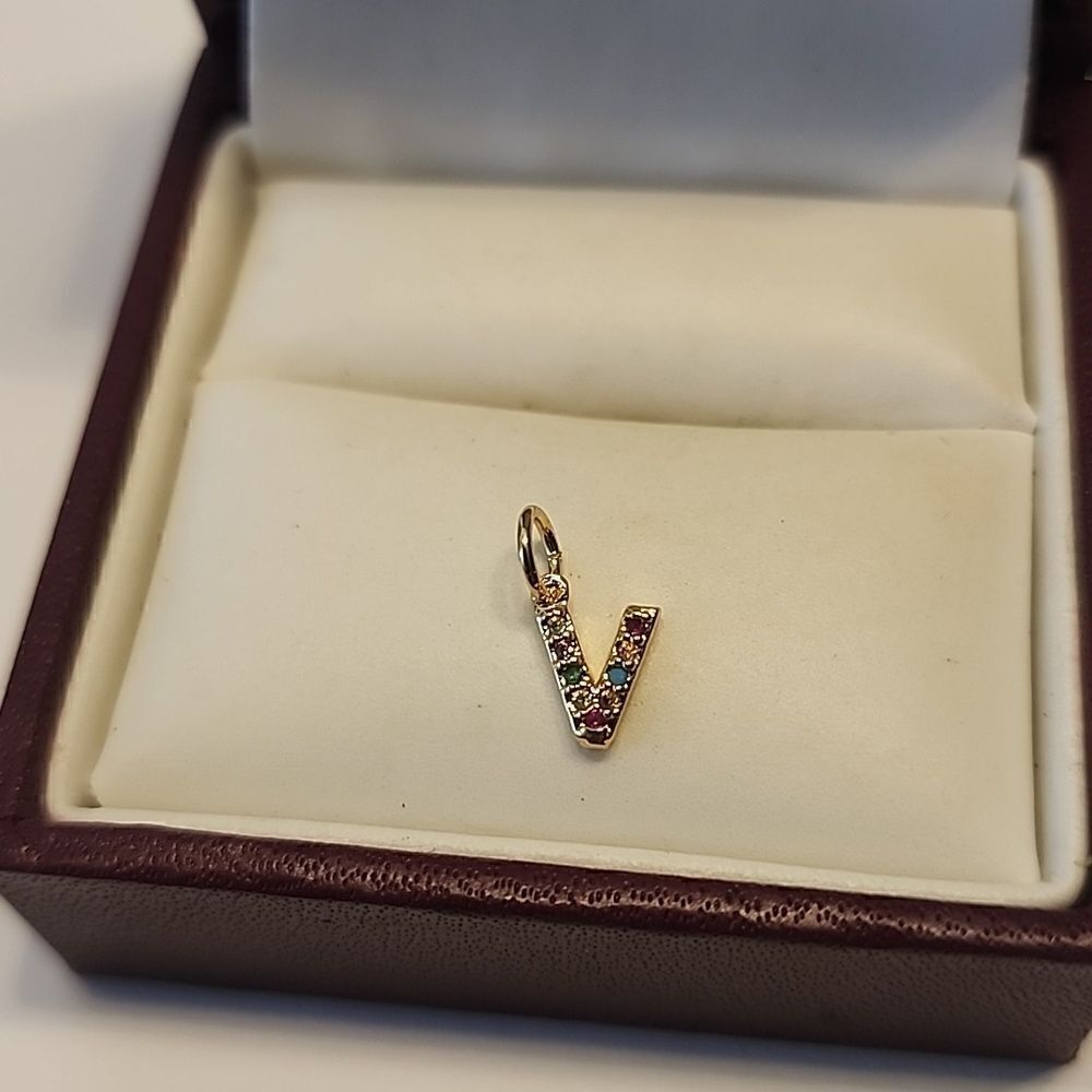 Dainty V Initial Rhinestone Charm Pendant Gold Tone